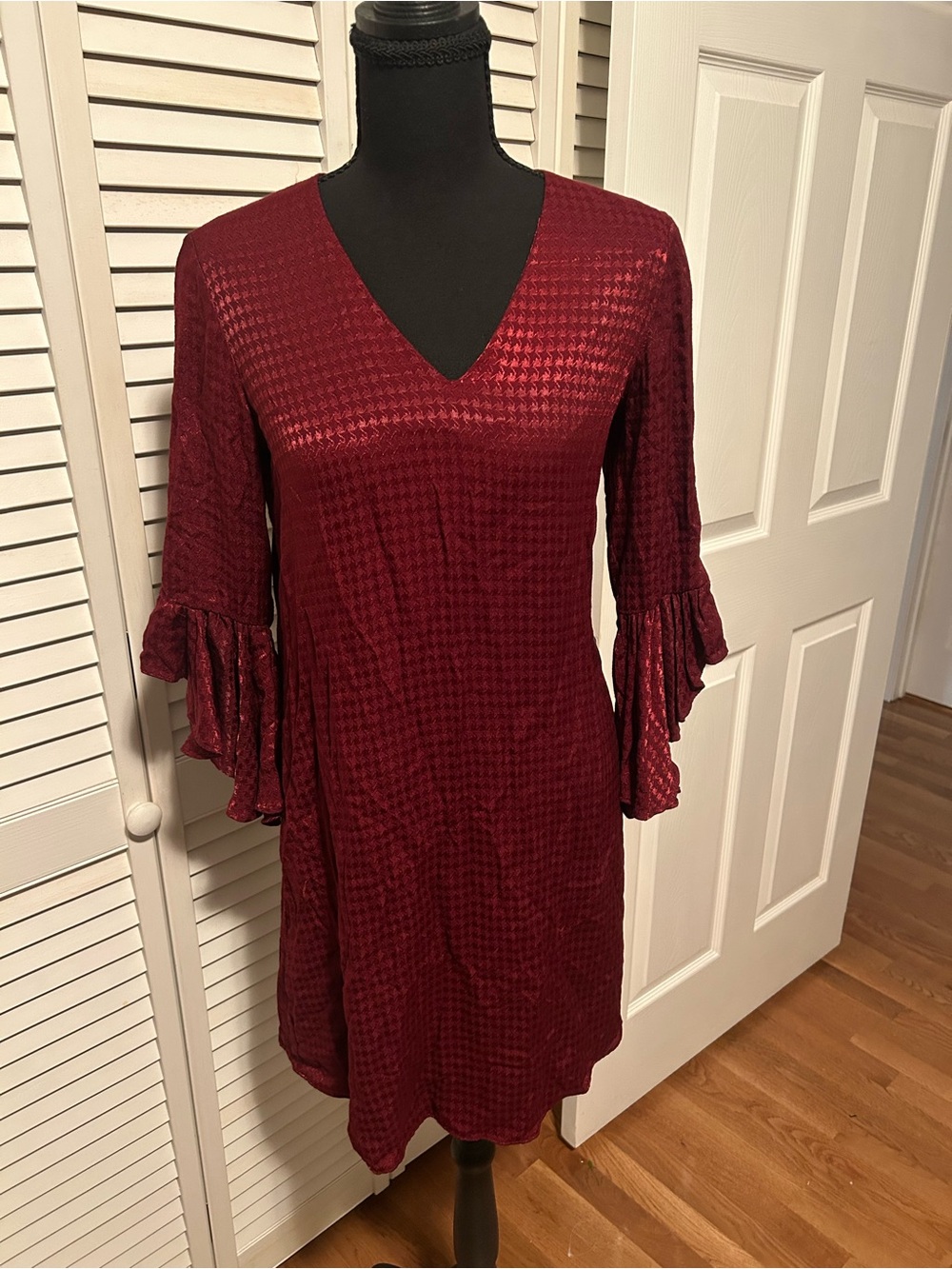 Calvin Klein Burgundy V-Neck Long Sleeve Dress